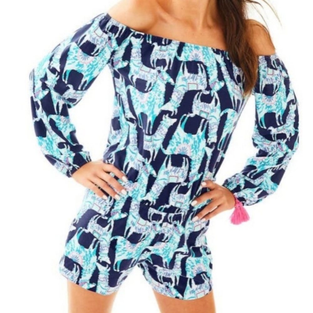 Lilly Pulitzer Lana Off The Shoulder Llama Romper Size XXS Shorts One Piece